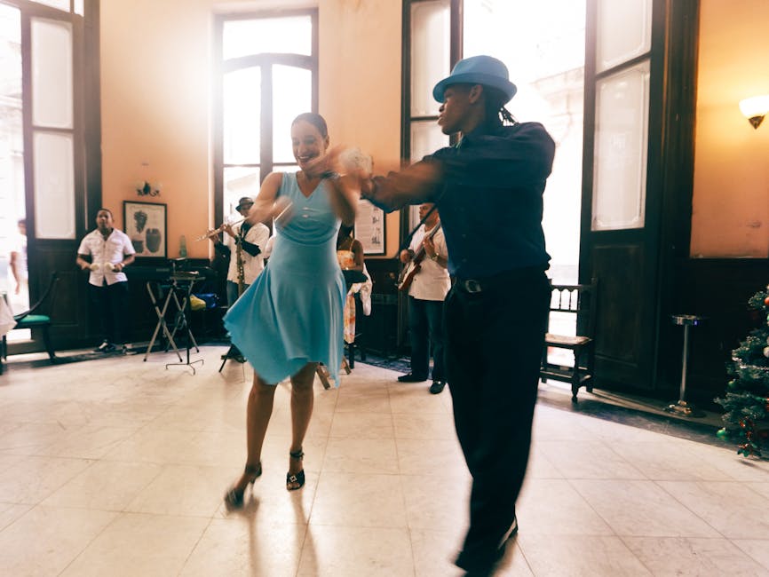 A lively dance couple performing in an elegant ballroom, capturing the joy and rhythm of music.
